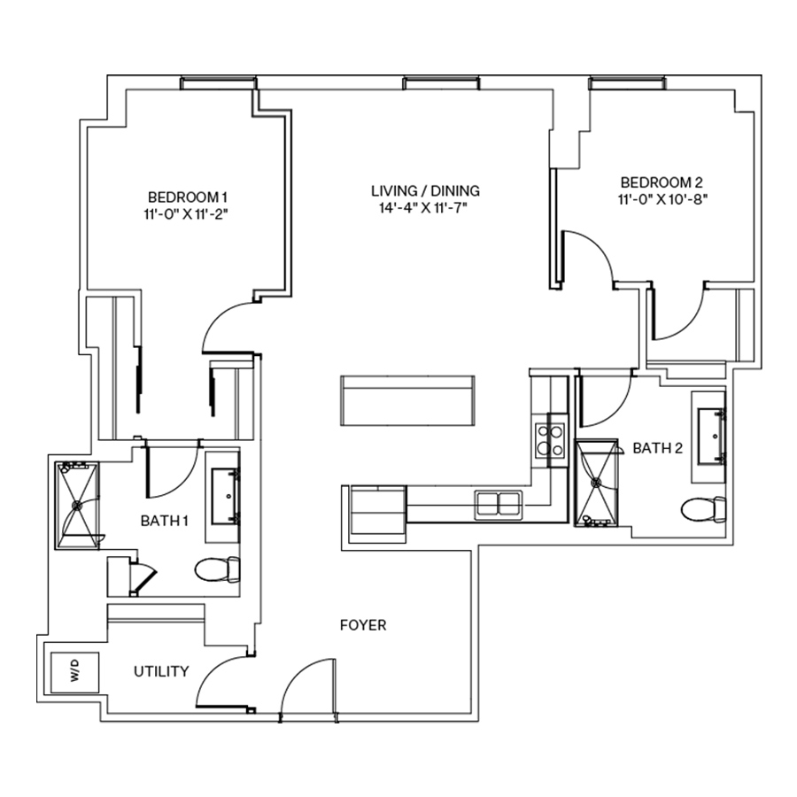 Rendering of the D1 floor plan with 2 bedroom[s] and 2 bathroom[s] at Coeval I