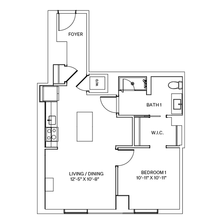 Rendering of the A5 floor plan with 1 bedroom[s] and 1 bathroom[s] at Coeval I