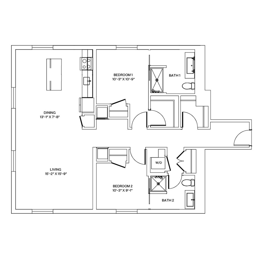 Rendering of the C13.L floor plan with 2 bedroom[s] and 2 bathroom[s] at Coeval II