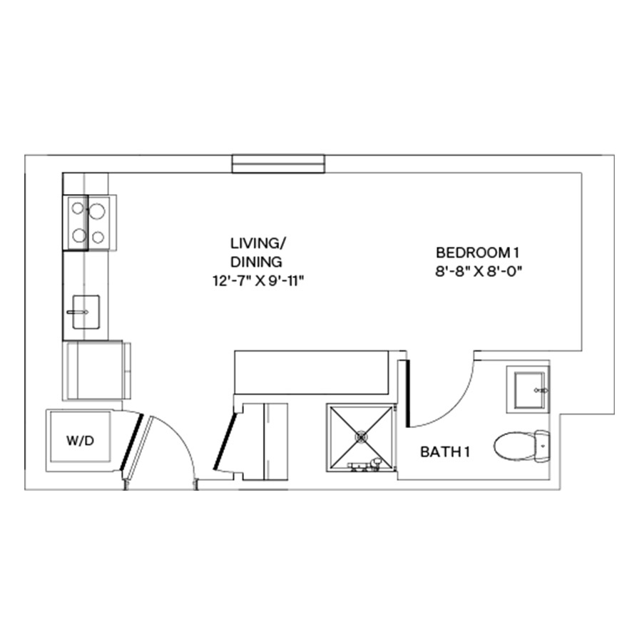 Rendering of the S3.L floor plan with a Studio bedroom and 1 bathroom[s] at Coeval II