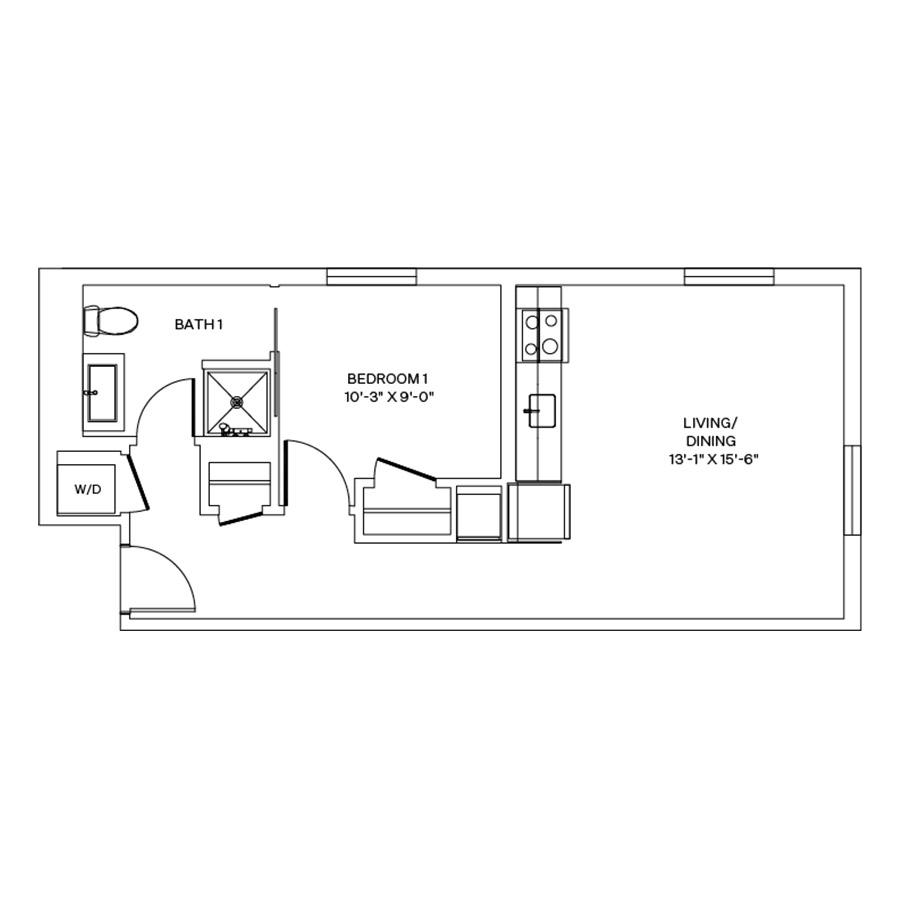 Rendering of the A3.L floor plan with 1 bedroom[s] and 1 bathroom[s] at Coeval II