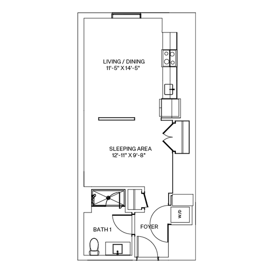 Rendering of the V2 floor plan with a Studio bedroom and 1 bathroom[s] at Coeval I