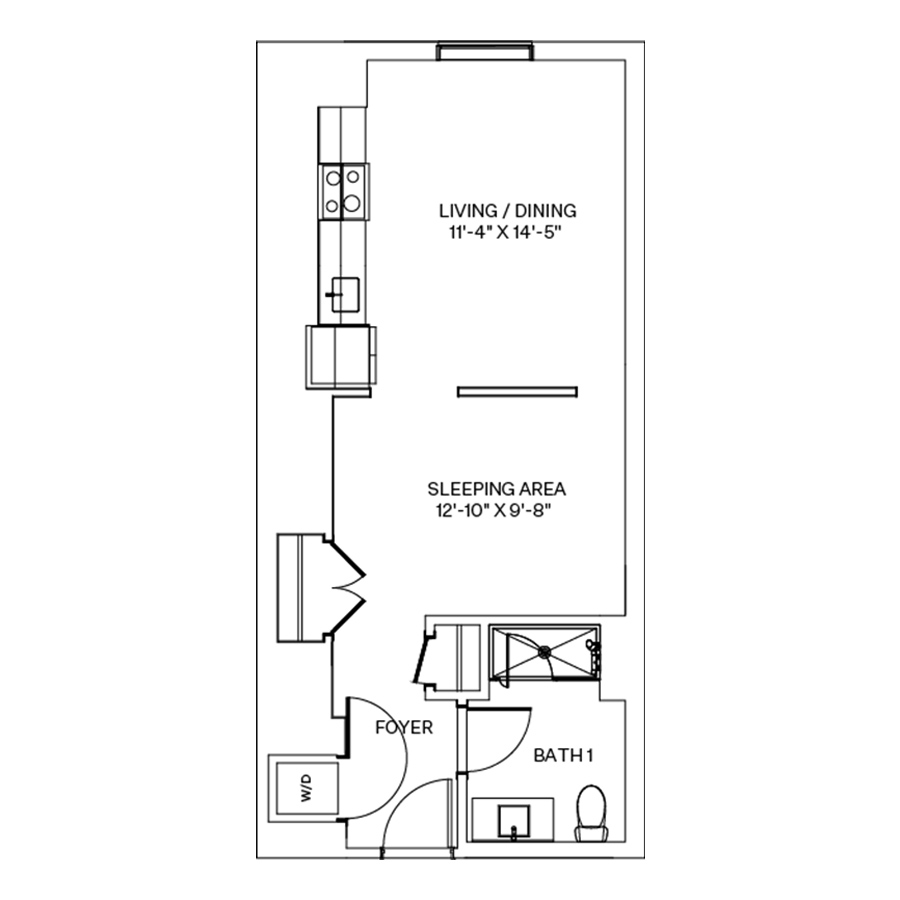Rendering of the V4 floor plan with a Studio bedroom and 1 bathroom[s] at Coeval I