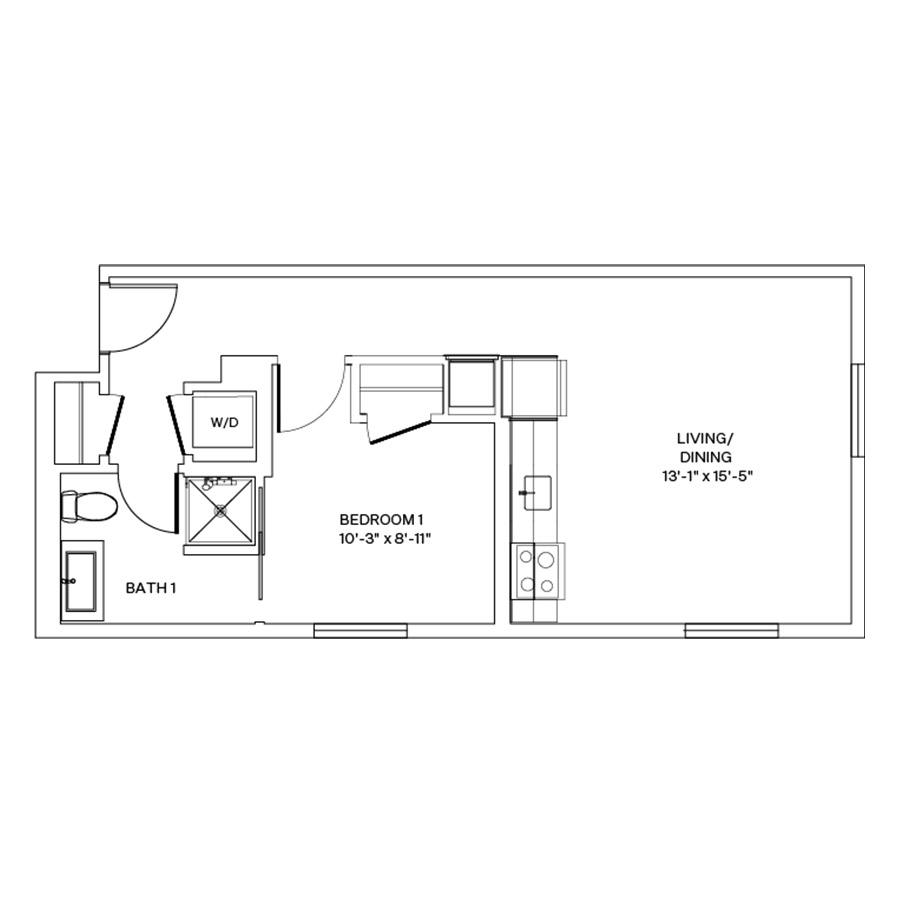 Rendering of the A2.L floor plan with 1 bedroom[s] and 1 bathroom[s] at Coeval II