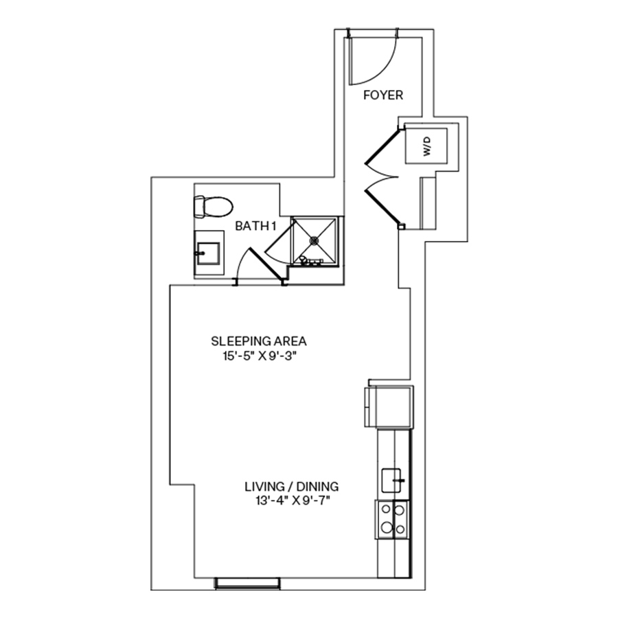 Rendering of the S1 floor plan with a Studio bedroom and 1 bathroom[s] at Coeval I