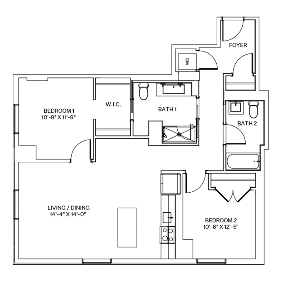 Rendering of the C3 floor plan with 2 bedroom[s] and 2 bathroom[s] at Coeval I