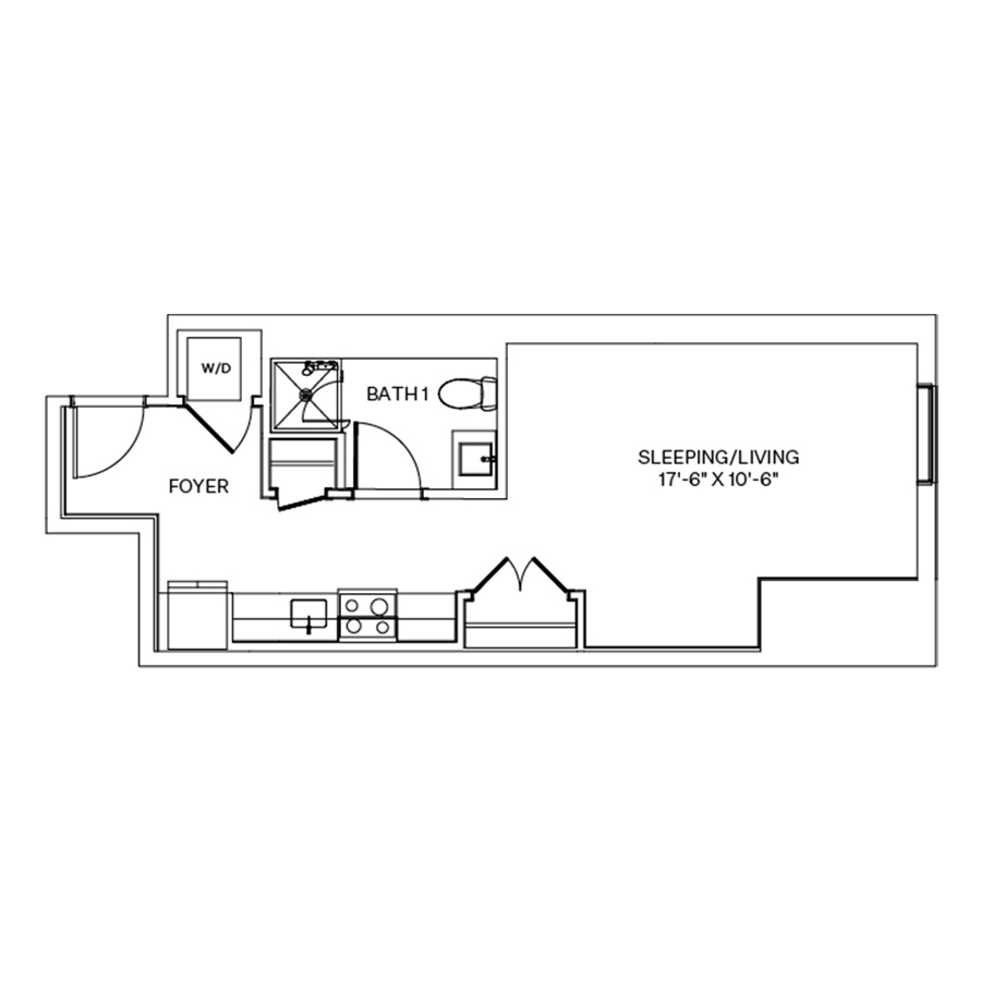 Rendering of the V1 floor plan with a Studio bedroom and 1 bathroom[s] at Coeval I