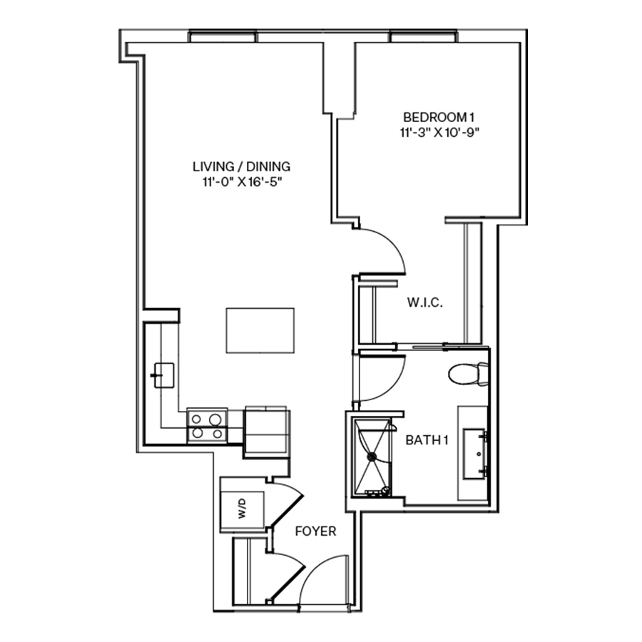 Rendering of the A8 floor plan with 1 bedroom[s] and 1 bathroom[s] at Coeval I