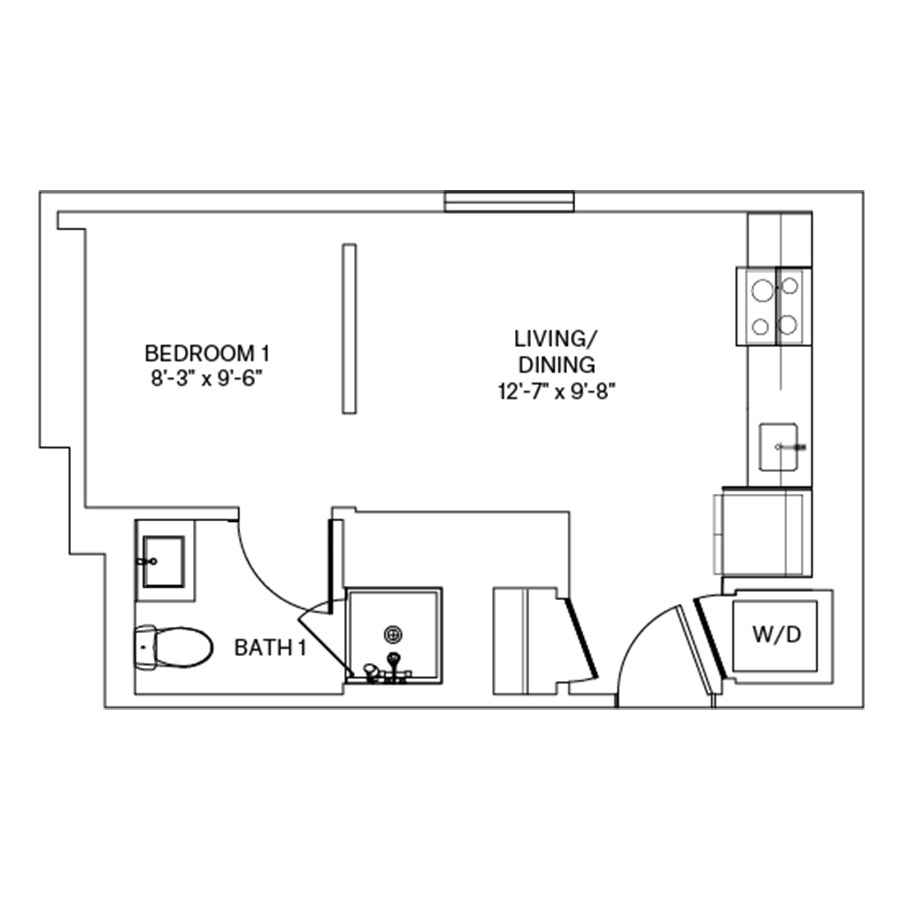 Rendering of the V1.L floor plan with a Studio bedroom and 1 bathroom[s] at Coeval II