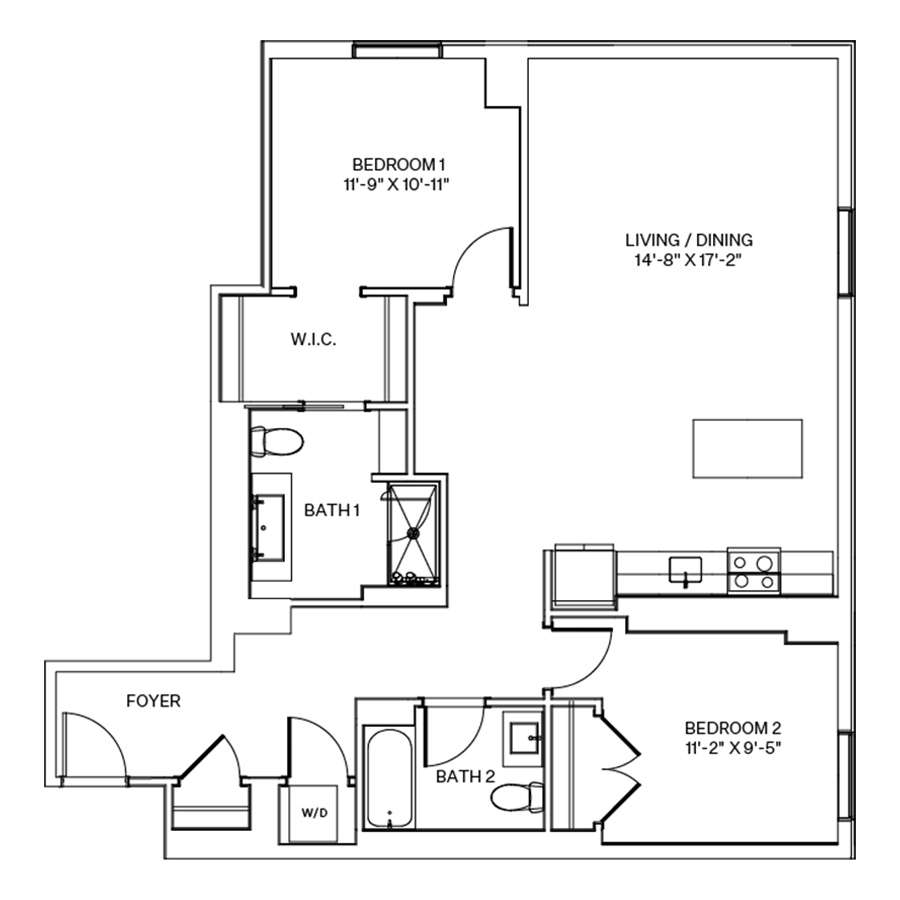 Rendering of the C7 floor plan with 2 bedroom[s] and 2 bathroom[s] at Coeval I
