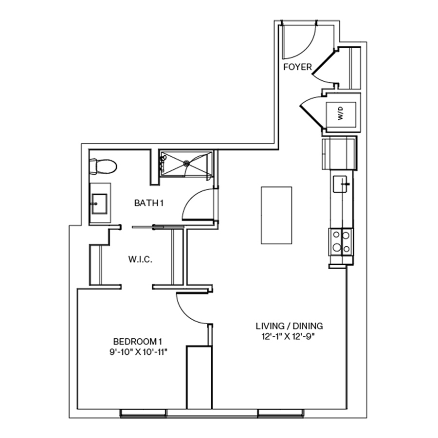 Rendering of the A6 floor plan with 1 bedroom[s] and 1 bathroom[s] at Coeval I