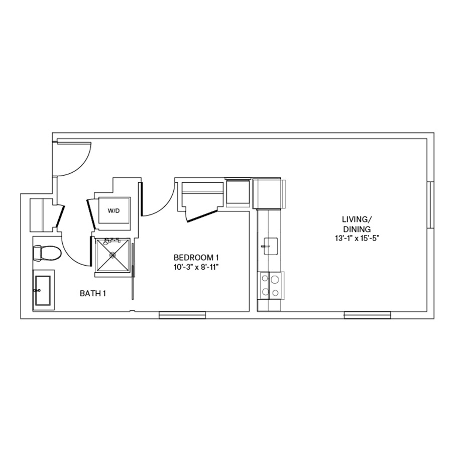 Rendering of the A1.L floor plan with 1 bedroom[s] and 1 bathroom[s] at Coeval II