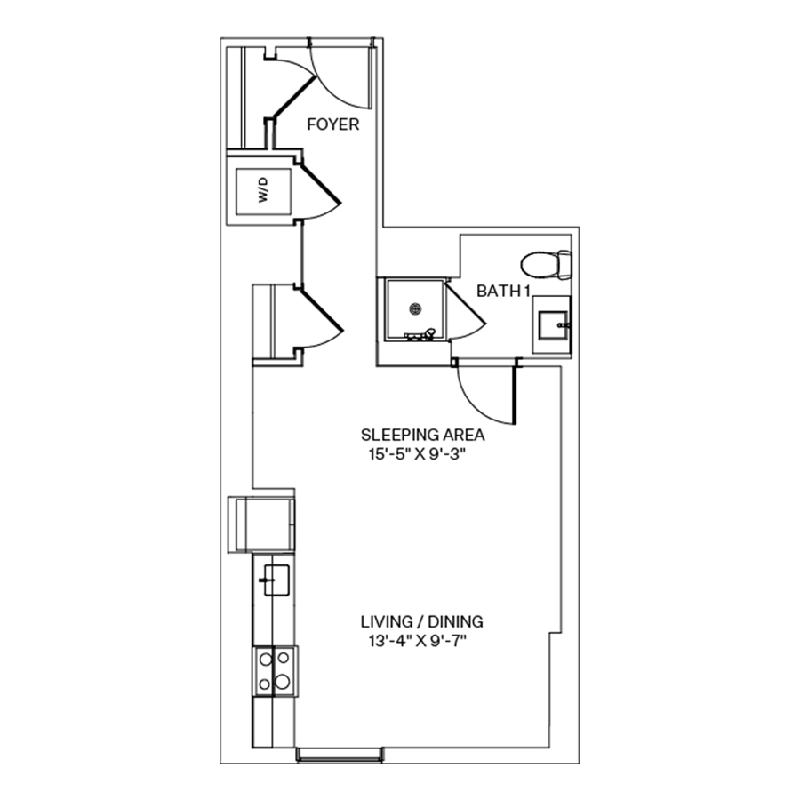 Rendering of the S2 floor plan with a Studio bedroom and 1 bathroom[s] at Coeval I