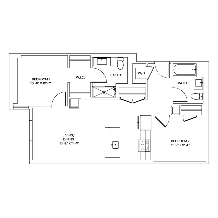 Rendering of the C1.L floor plan with 2 bedroom[s] and 2 bathroom[s] at Coeval II