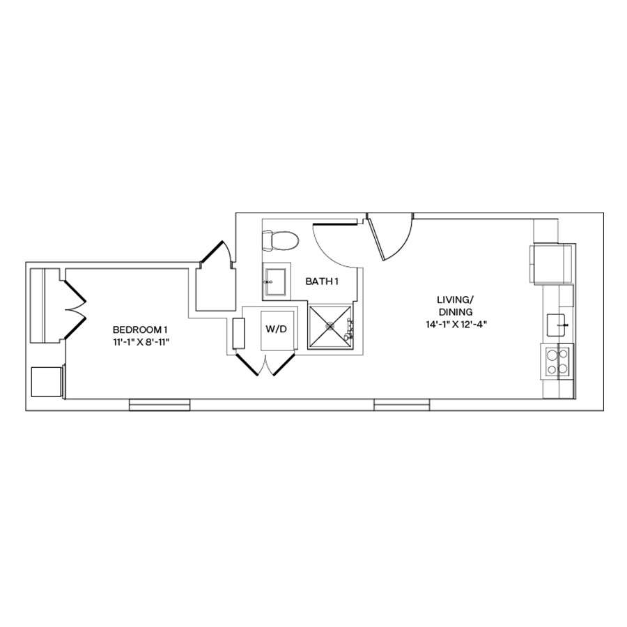 Rendering of the V3.L floor plan with a Studio bedroom and 1 bathroom[s] at Coeval II