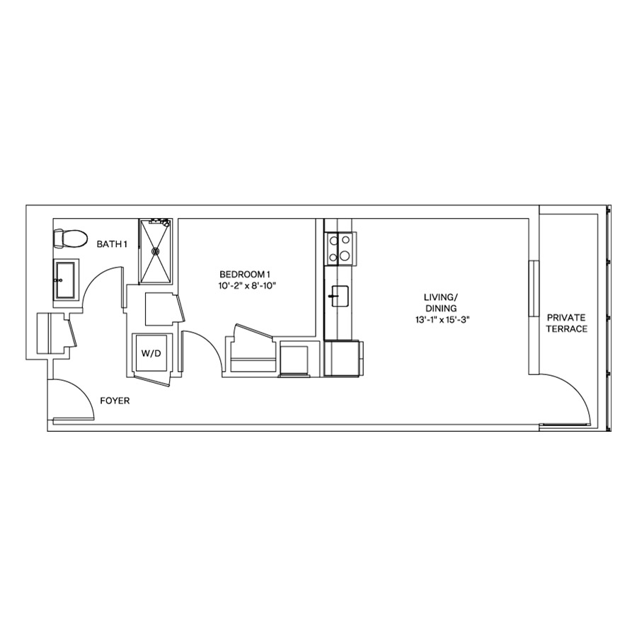 Rendering of the A5.L floor plan with 1 bedroom[s] and 1 bathroom[s] at Coeval II